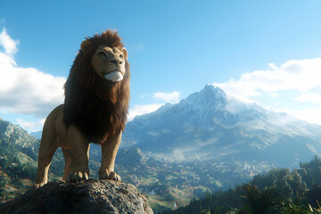 Obraz premium Majestic Lion on Rocky Outcrop Overlooking Scenic Mountain Vista