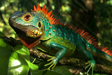 Fototapeta premium Vibrant Green Lizard with Spikes on Branch in Tropical Forest