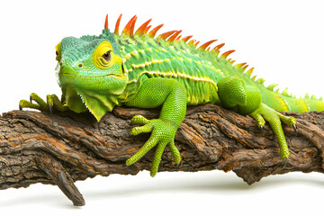 Fototapeta premium Bright Green Lizard Relaxing on Natural Branch with Textured Bark