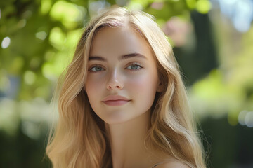 Naklejka premium A golden-haired model exuding charm with soft waves and a serene smile.