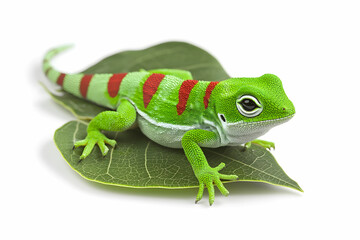 Fototapeta premium Vibrant Green Lizard with Red Stripes Resting on a Leaf