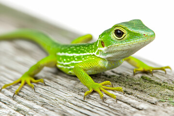 Fototapeta premium Close-up of a Bright Green Lizard on a Weathered Wooden Surface