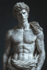 Statue of a male figure with artistic tattoos, blending classical and modern aesthetics.
