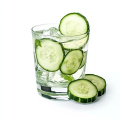 A refreshing cucumber gin and tonic with cucumber slices, presented against an isolated white background, realism art style
