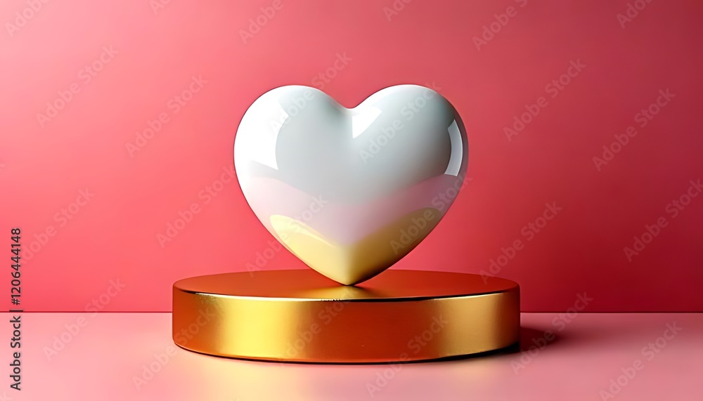 Wall mural A glossy white heart rests atop a single, golden, circular platform against red background