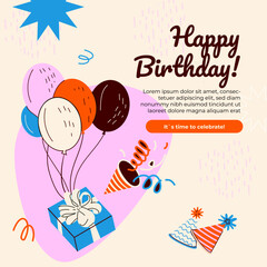 Birthday greeting cards design with cake, balloons and typography design. Abstract universal grunge artistic templates. For poster, business card, invitation, flyer, banner, email header