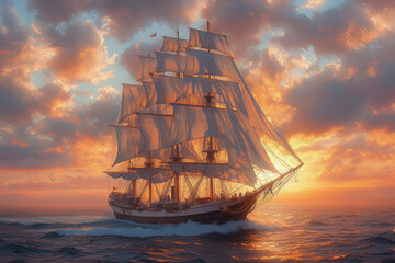 Sailing ship at sunset over calm ocean waters with a vibrant sky.
