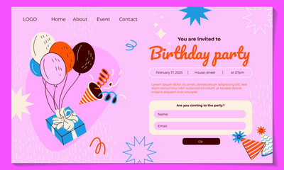 Concept of landing page with birthday celebrations theme. Gift box and confetti. Abstract background For poster, business card, invitation, flyer, banner, email header