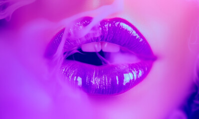 Smoky Elegance: Glossy Lips and Ethereal Vapor in Violet Light