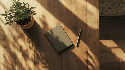 Notebook, pen, and plant on a sunlit wooden desk.  A peaceful workspace.