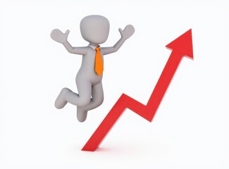 3d man red arrow success chart on white background.