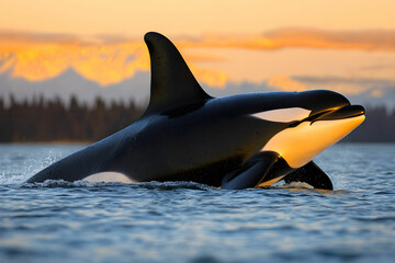 Obraz premium Majestic Orca Breaching at Sunset with Mountains in Background