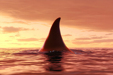 Fototapeta premium Shark Fin Emerges from Calm Waters at Sunset in Vibrant Colors