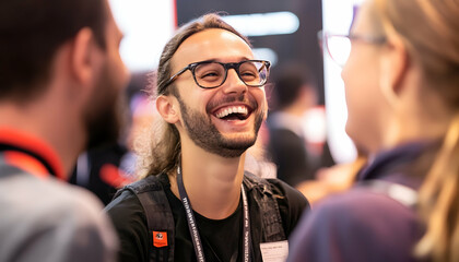 Close-up picture of a happy and laughing staff or participant people group listening to a startup business owner at a trade show exhibition event