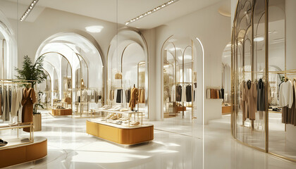 Clothing boutique inside a bright shopping mall, featuring a spacious and sophisticated interior with a clear glass facade, retail store displaying a luxury collection of contemporary urban outfits