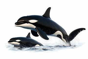 Obraz premium Two Orcas Playfully Jumping Out of Clear Ocean Water