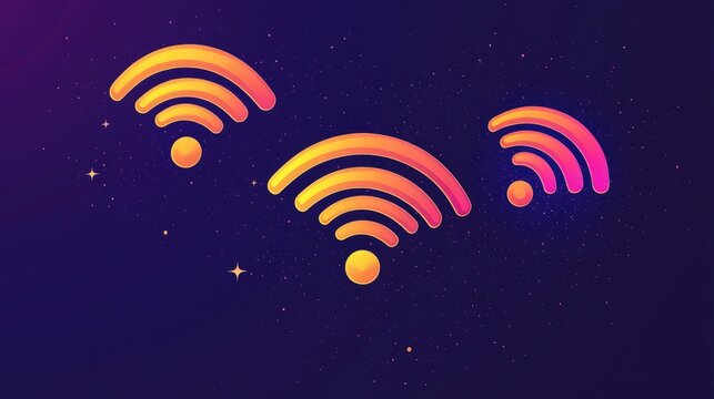 An abstract concept of wireless signals in colorful gradients on a dark purple background.