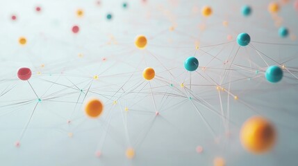 An abstract design of colorful nodes connected by lines on a clean gray background.
