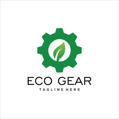 A simple green eco-friendly logo design featuring a gear symbol with nature-inspired elements such as leaves representing sustainability and environmental preservation.
