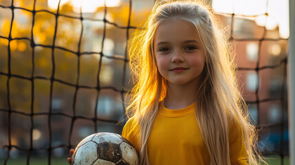 Confident Young Female Soccer Player Standing Proudly with Ball