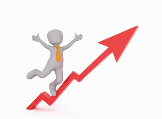 3d man red arrow success chart on white background.