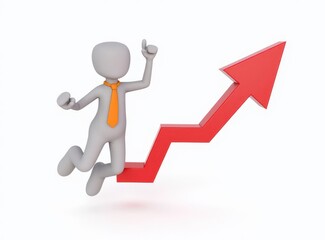 3d man red arrow success chart on white background.