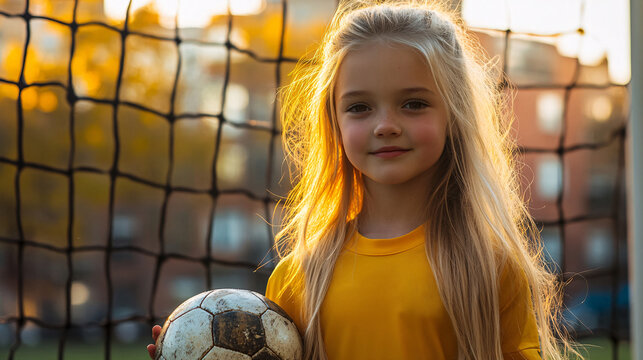 Confident Young Female Soccer Player Standing Proudly with Ball