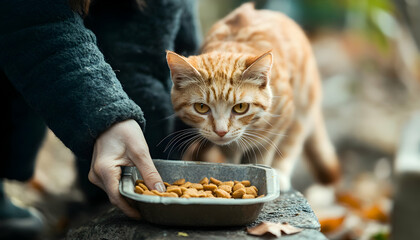 Compassionate people providing food for stray cats