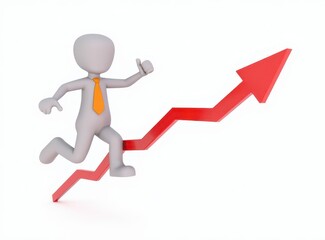 3d man red arrow success chart on white background.