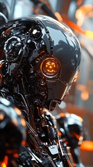 Fototapeta premium A futuristic robot with glowing orange eyes in a high-tech setting.