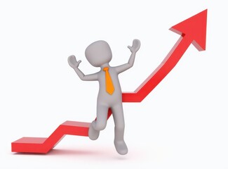 3d man red arrow success chart on white background.