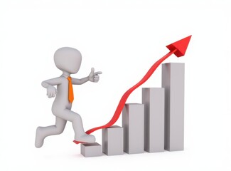 3d man red arrow success chart on white background.