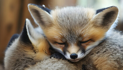 Obraz premium Cute baby foxes cuddling together in a natural habitat, close-up