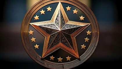 golden star surrounded by smaller gold stars, on dark background.