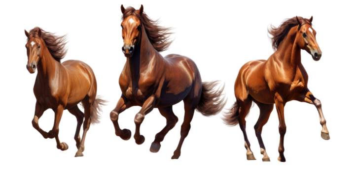 three brown horse isolated on white transparent background