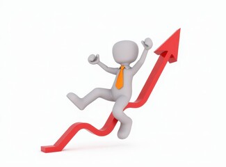 3d man red arrow success chart on white background.