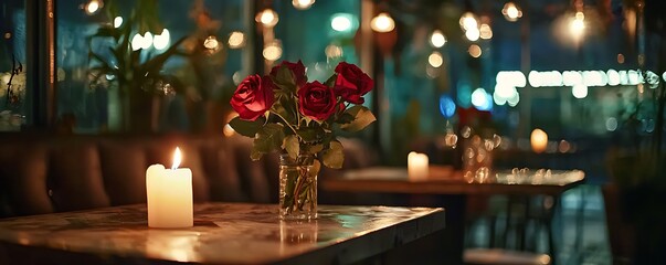 Restaurant date night with roses and candles for a romantic Valentinea??s Day atmosphere