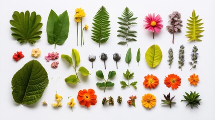 Vibrant Botanical Collection: A Flat Lay of Diverse Flowers and Leaves