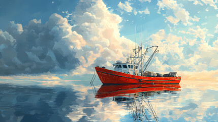 Obraz premium A realistic view of a red fishing boat anchored in a serene harbor, capturing intricate details of the boat and surrounding water. Cloud Harbor. Illustration