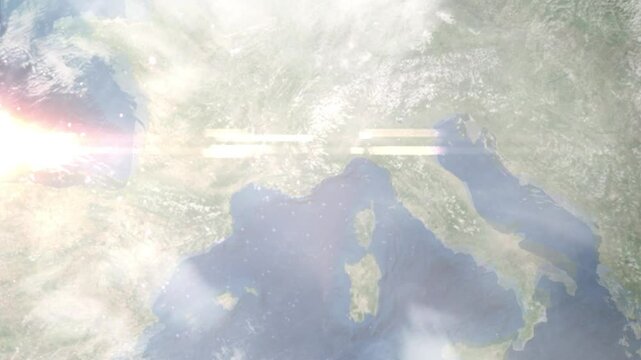 Earth zoom in from space and focus on Cagnes sur Mer, France. Background for travel blog or intro. Satellite view. 3D style animation. Images from NASA.