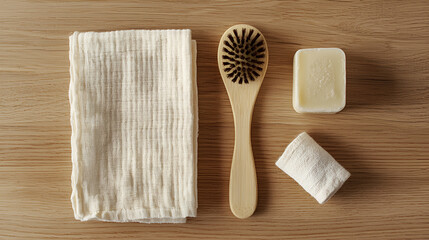 Natural bath essentials:  a cloth, brush, soap, and washcloth. Simple and sustainable self-care.