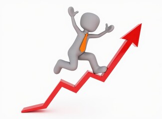 3d man red arrow success chart on white background.