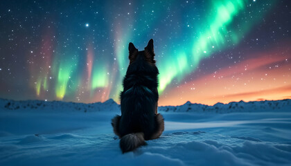 Dog gazing at starry night sky filled with colorful auroras and magical lights over a snowy landscape at dusk