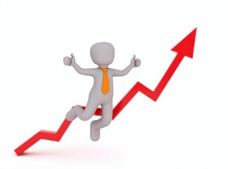 3d man red arrow success chart on white background.