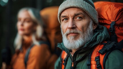 Obraz premium Senior hikers enjoying a scenic outdoor adventure, showcasing resilience, exploration, and connection with nature.