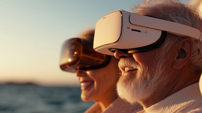 Senior couple enjoying virtual reality experience outdoors during sunset, wearing VR headsets, smiling and embracing technology together.