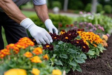 A dedicated gardener in gloves works meticulously on a vibrant flowerbed, showcasing a blend of blooming marigolds and delicate dahlias in a serene outdoor setting.