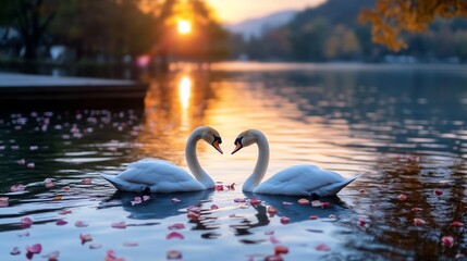 Fototapeta premium Two beautiful swans forming a heart with their necks on a serene lake, surrounded by floating red rose petals.