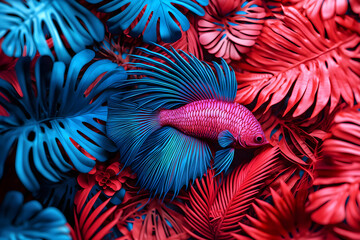 Fototapeta premium Vibrant Betta Fish Surrounded by Colorful Tropical Leaves and Plants