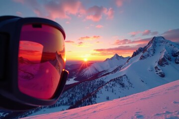 Sunset on snow-capped mountains through ski goggles, sunset, mountain, snow